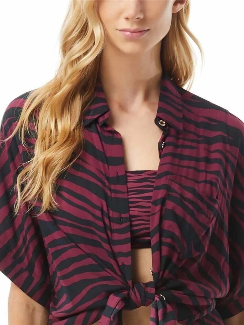 Michael Kors Women's Animal-Print Cover-Up Shirt, RUBY, M